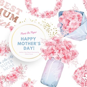以下が含まれることがあります： 「BEST MUM Ever」「You Are My SUPER MOM」「HAPPY MOTHER'S DAY!」「MOM」というテキストが入ったピンクの水彩画の花のイラストです。
