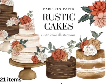 素朴な花柄ケーキのクリップアート | ケーキのクリップアート | 結婚式のクリップアート | ボヘミアン クリップアート | 花柄ケーキ | ケーキのイラスト | 即時ダウンロード