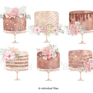 May include: Six watercolor illustrations of cakes decorated with pink and white flowers and gold glitter. The cakes are on cake stands with gold glitter.