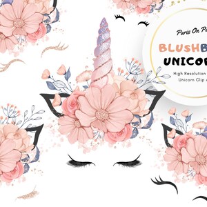 Blush Parisian Unicorn Face Clipart | Unicorn Head Clipart | Baby Shower | Nursery Art | Floral Magical Lashes Clipart | Bridal Shower