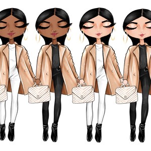 Pu&ograve; includere: Quattro illustrazioni di donne che indossano cappotti beige, pantaloni neri e camicie bianche. Ogni donna porta una borsa bianca con una tracolla a catena dorata. Le donne hanno i capelli lunghi e neri e indossano orecchini a cerchio dorati.