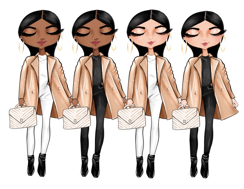 Pu&ograve; includere: Quattro illustrazioni di donne che indossano cappotti beige, pantaloni neri e camicie bianche. Ogni donna porta una borsa bianca con una tracolla a catena dorata. Le donne hanno i capelli lunghi e neri e indossano orecchini a cerchio dorati.