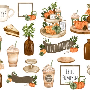 Puede incluir: Clipart digital de tem&aacute;tica oto&ntilde;al con una variedad de elementos, incluyendo calabazas, tazas de caf&eacute;, hojas de oto&ntilde;o y una pancarta que dice "Give Thanks".