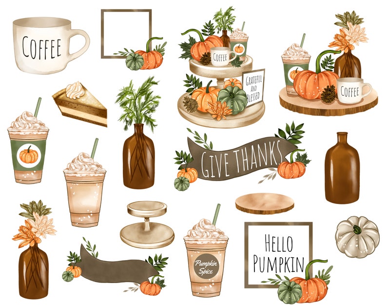 Puede incluir: Clipart digital de tem&aacute;tica oto&ntilde;al con una variedad de elementos, incluyendo calabazas, tazas de caf&eacute;, hojas de oto&ntilde;o y una pancarta que dice "Give Thanks".
