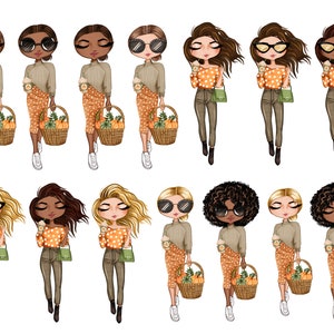 Puede incluir: Diez ilustraciones digitales de mujeres en varias poses, vistiendo atuendos de oto&ntilde;o con lunares naranja y marr&oacute;n, llevando cestas de calabazas y sosteniendo tazas de caf&eacute;. Algunas mujeres llevan gafas de sol.