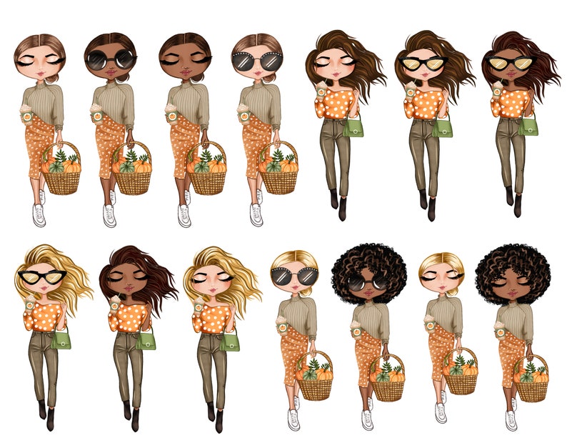 Puede incluir: Diez ilustraciones digitales de mujeres en varias poses, vistiendo atuendos de oto&ntilde;o con lunares naranja y marr&oacute;n, llevando cestas de calabazas y sosteniendo tazas de caf&eacute;. Algunas mujeres llevan gafas de sol.