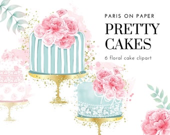 Floral Bridal Shower Cake Cliparts | Bakery Cliparts | Birthday Printables | Mint Gold Glitter | Watercolor Cakes | Pink Peonies