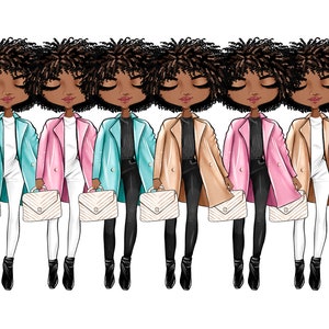 Pu&ograve; includere: Sei donne illustrate con cappotti e borse di diversi colori. Ogni donna ha i capelli scuri e indossa un abito diverso. Le donne sono in piedi in fila e guardano lo spettatore.