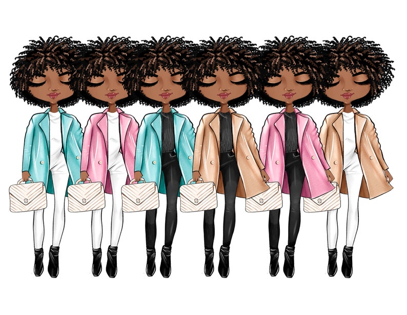 Pu&ograve; includere: Sei donne illustrate con cappotti e borse di diversi colori. Ogni donna ha i capelli scuri e indossa un abito diverso. Le donne sono in piedi in fila e guardano lo spettatore.