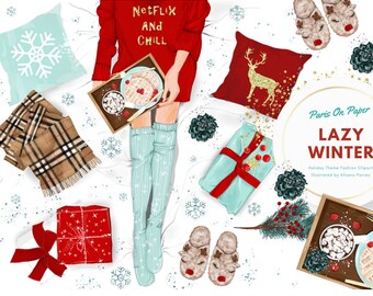 フラットレイ ファッション イラスト クリップアート ファッション ドール プランナー ステッカー ブロガー グラフィック クリスマス ファッション 水彩画 冬のクリップアート 秋のクリップアート