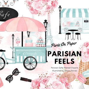 Clipart de moda de café parisino Ilustración de moda ? Imágenes climáticas florales de acuarela ? Desayuno ? Fiesta de la Soltera Ducha nupcial