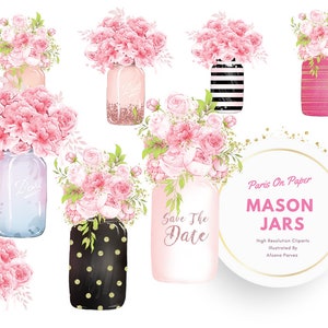 Mason Jar Clipart, Floral Clipart, Floral Jar Clipart, Shabby Chic Wedding Clipart, Save The Date Clipart, Floral Planner Stickers, Floral