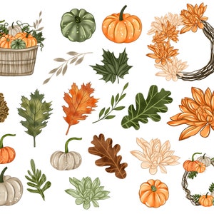 Puede incluir: Una colecci&oacute;n de ilustraciones de tem&aacute;tica oto&ntilde;al con calabazas, hojas, flores y coronas. Las ilustraciones est&aacute;n en un estilo de acuarela y presentan una variedad de colores, incluyendo naranja, verde, marr&oacute;n y amarillo.