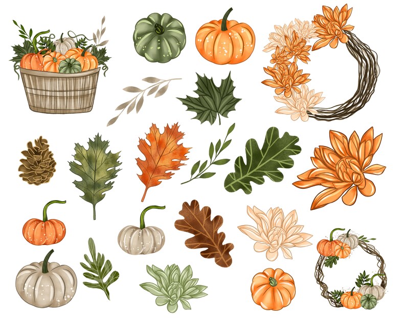 Puede incluir: Una colecci&oacute;n de ilustraciones de tem&aacute;tica oto&ntilde;al con calabazas, hojas, flores y coronas. Las ilustraciones est&aacute;n en un estilo de acuarela y presentan una variedad de colores, incluyendo naranja, verde, marr&oacute;n y amarillo.