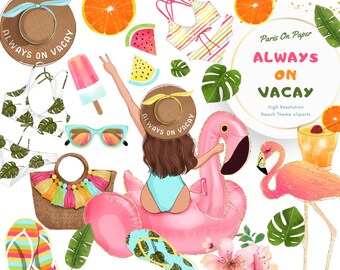 Summer Fashion Illustration Clip Art | Beach Clipart | Watercolor Flamingo | Planner Stickers | Tropical Party | popsicle | Blogger Graphics