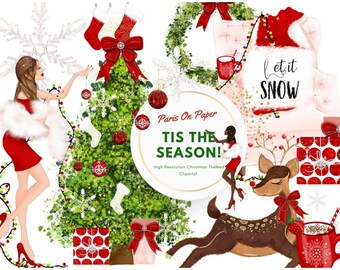 クリスマス クリップアート | ファッション イラスト | 華やかなクリスマス | ホリデー クリップアート | ファッション ガール | クリスマス ツリー | トナカイ | 即時ダウンロード