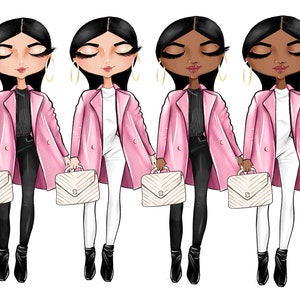 Pu&ograve; includere: Quattro donne illustrate che indossano cappotti rosa e portano borse bianche. Ogni donna ha un tono della pelle e uno stile di capelli diverso.