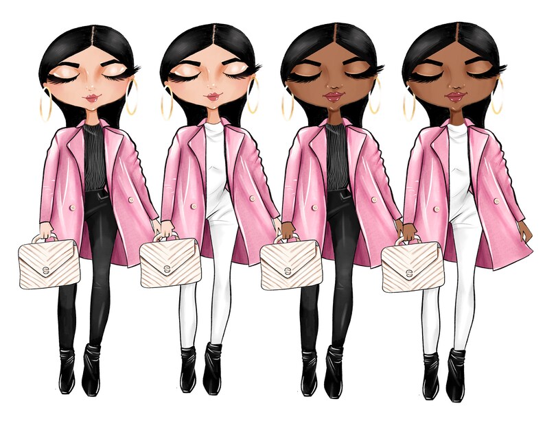 Pu&ograve; includere: Quattro donne illustrate che indossano cappotti rosa e portano borse bianche. Ogni donna ha un tono della pelle e uno stile di capelli diverso.