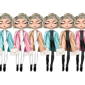 Pu&ograve; includere: Sei donne illustrate che indossano cappotti di diversi colori e portano borse abbinate. Ogni donna ha un'acconciatura diversa e indossa un abito diverso.