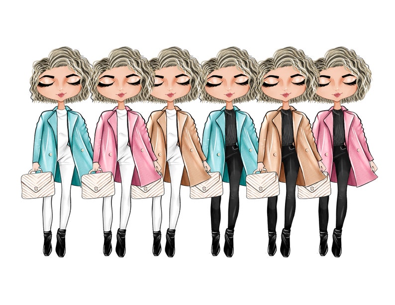 Pu&ograve; includere: Sei donne illustrate che indossano cappotti di diversi colori e portano borse abbinate. Ogni donna ha un'acconciatura diversa e indossa un abito diverso.
