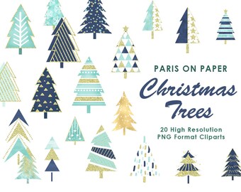 クリスマス ツリー PNG | クリスマス クリップアート バンドル | 青と金の輝き | ホリデー グラフィック | 松の木のクリップアート | 即時ダウンロード