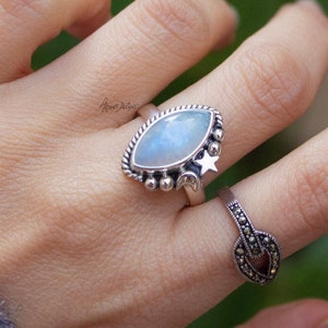 Moonstone Ring, 925 Sterling Silver Ring, Natural Moonstone Gemstone Ring, Half Moon Ring, Crescent Moon Ring, Moon and Star Ring