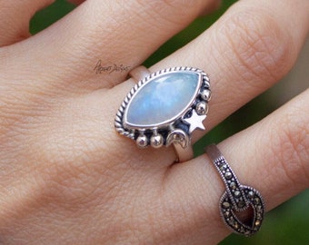 Maansteenring handgemaakte sterlingzilveren maansikkel en stersieraden