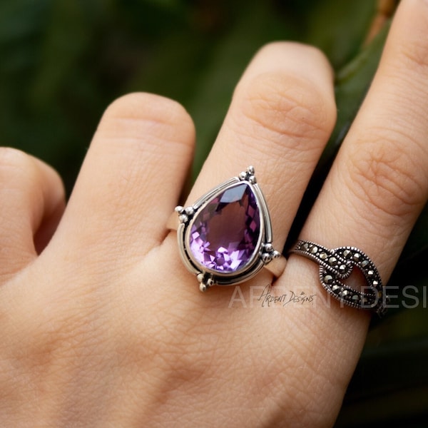 Bague en améthyste naturelle, argent sterling, véritable pierre précieuse d'améthyste pourpre, bague en pierre violette délicate