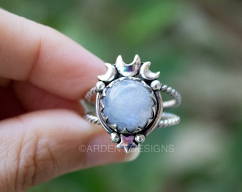 Moonstone Ring, 925 Sterling Silver Ring, Crescent Moon Ring, Genuine Moonstone Gemstone Ring, Rainbow Moonstone, Celestial Ring Half Moon