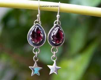 Garnet Earrings, Bohemian Garnet Earrings, 925 Sterling Silver, January Birthstone, Red Garnet Gemstone Earrings, Celestial Earrings, Gothic