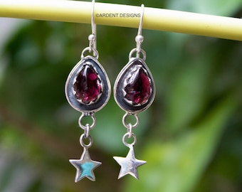 Garnet Earrings, Bohemian Garnet Earrings, 925 Sterling Silver, January Birthstone, Red Garnet Gemstone Earrings, Celestial Earrings, Gothic