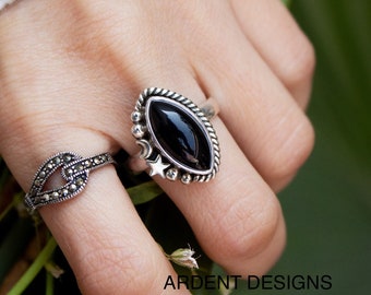 Sterling Silver Black Onyx Ring: Marquise Celestial Star Boho Ring