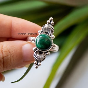 Malachite Sterling Silver Ring: Natural Green Stone Boho Jewelry