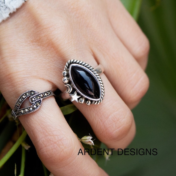 Schwarzer Onyx Ring, Sterling Silber schwarz Onyx Edelstein Ring, breite Band Ring, Boho Zigeuner Ring, Onyx Schmuck