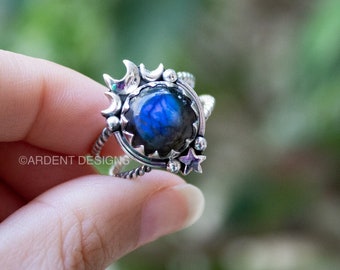 Labradorite Sterling Silver Ring: Celestial Moon Star Boho Ring