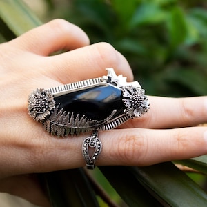 Black Onyx Coffin Ring: Sterling Silver Floral Gothic Statement Ring