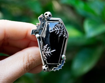 Coffin Ring, Black Onyx Ring Sterling Silver, Gothic Ring Black Onyx Statement Ring, Witchy Ring,Black Stone Ring, Bat Ring, Skull Ring Boho