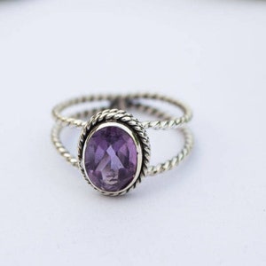 Amethyst Ring, Sterling Silver Gemstone Ring Twisted Wire February Birthstone, Oval purple stone ring dual band ring gift for women bohemian