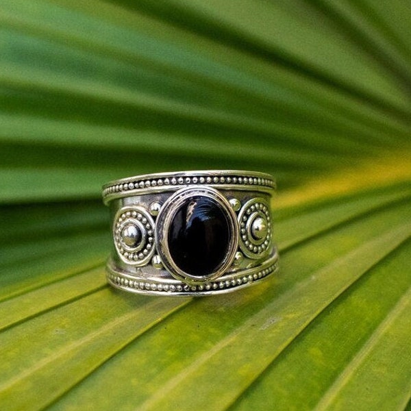 Black Onyx Ring, Sterling Silver Black Onyx Gemstone Ring, Wide Band Ring, Boho Gypsy Ring, Onyx Jewelry