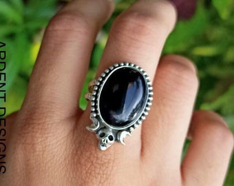 Handcrafted Black Onyx Sterling Silver Ring: Skull Halloween Jewelry