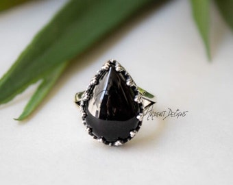 Pear Black Onyx Ring: Dainty Sterling Silver Boho Ring