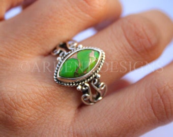 Natural Green Copper Turquoise Ring – 925 Sterling Silver, Handmade, All Sizes Available