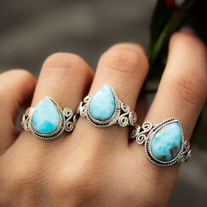 Larimar Ring, Blue Larimar Stone Sterling Silver Ring, Larimar Jewelry, Boho Ring