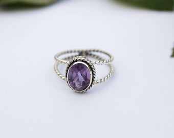 Amethyst Ring, Amethyst Gemstone Sterling Silver Ring, Rope Band Ring, February Birthstone, Purple Stone Ring, Amethyst Jewelry,Promise Ring
