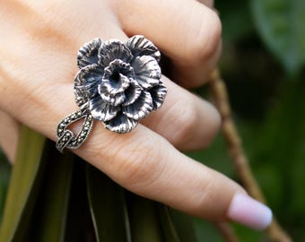 Oxidized Sterling Silver Flower Ring: Botanical OOAK Jewelry - Etsy