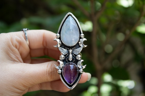 Handmade Moonstone Amethyst Bee Ring: Sterling Silver Gothic