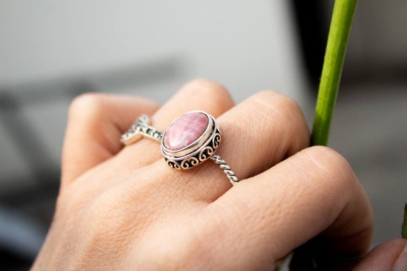 Rhodochrosite Ring Sterling Silver Ring Rhodochrosite Jewelry Dainty Rings Boho Ring Promise Ring Natural Pale Pink Stone Ring Etsy UK