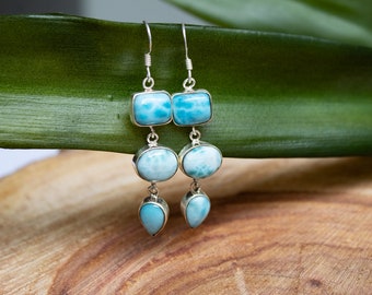Larimar Earrings Handmade Dominican Blue Larimar Gemstone Earrings Sterling Silver Earrings Larimar Jewelry Earrings Blue Stone Earrings