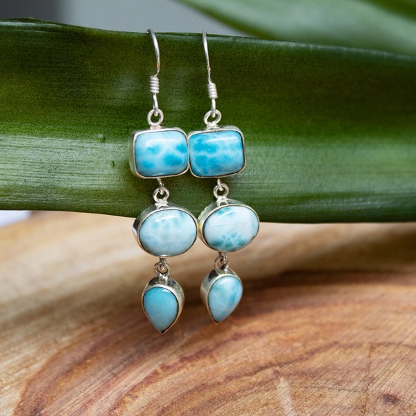 Aretes Larimar hechos a mano dominicano azul pendientes de piedras preciosas larimar aretes de plata esterlina aretes Larimar joyas aretes