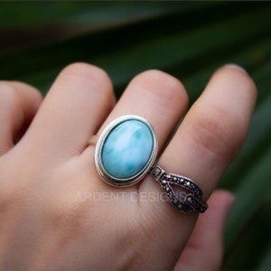 Larimar Ring, Blue Larimar Stone Sterling Silver Ring, Larimar Jewelry, Boho Ring, Dominican Republican Natural Larimar Ring